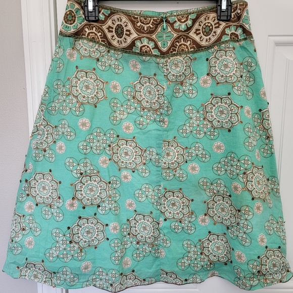 New York And Company Turquoise Brown A Line Boho Lined Skirt Sequins Size 6 - Picture 4 of 10